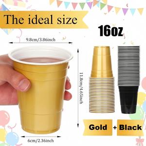 Sixteen Ounces Black Gold <b>Reusable</b> Portable Party Drinking <b>Cups</b> for Beer Pong Game Gathering Event Party <b>Cup</b> Set - Product Image 3