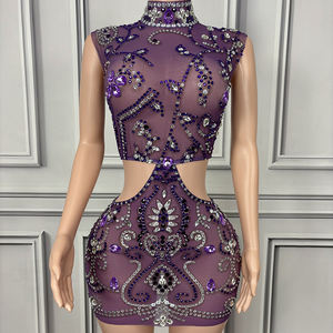 Mor Elmas Elbise Kokteyl Elbiseleri Parti Seksi Beli Oyuklu Elbise Gece Kulübü için Şeffaf - Product Image 2