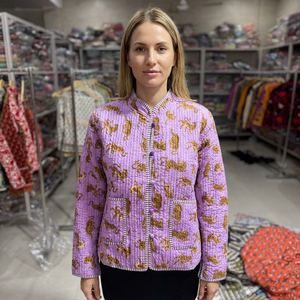 Purple Tiger Printed <b>Quilted</b> <b>Jacket</b> With Mandarin Collar Full Sleeve Women's Autumn Style GIFT FOR HER - Product Image 1