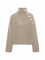 Pull à col haut pour enfants, pull en tricot brodé d'ailes d'ange, col à boutons diagonaux, pull tricoté chaud pour garçons et filles, hiver