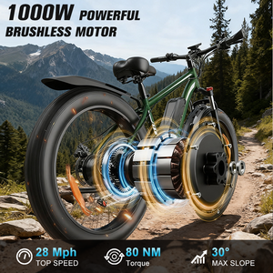 Vélo électrique tout-terrain pour adultes, 26 pouces, pneus larges, acier à haute teneur en carbone, 7 vitesses, 48V 15Ah 1000W, puissant, entrepôt américain - Product Image 3