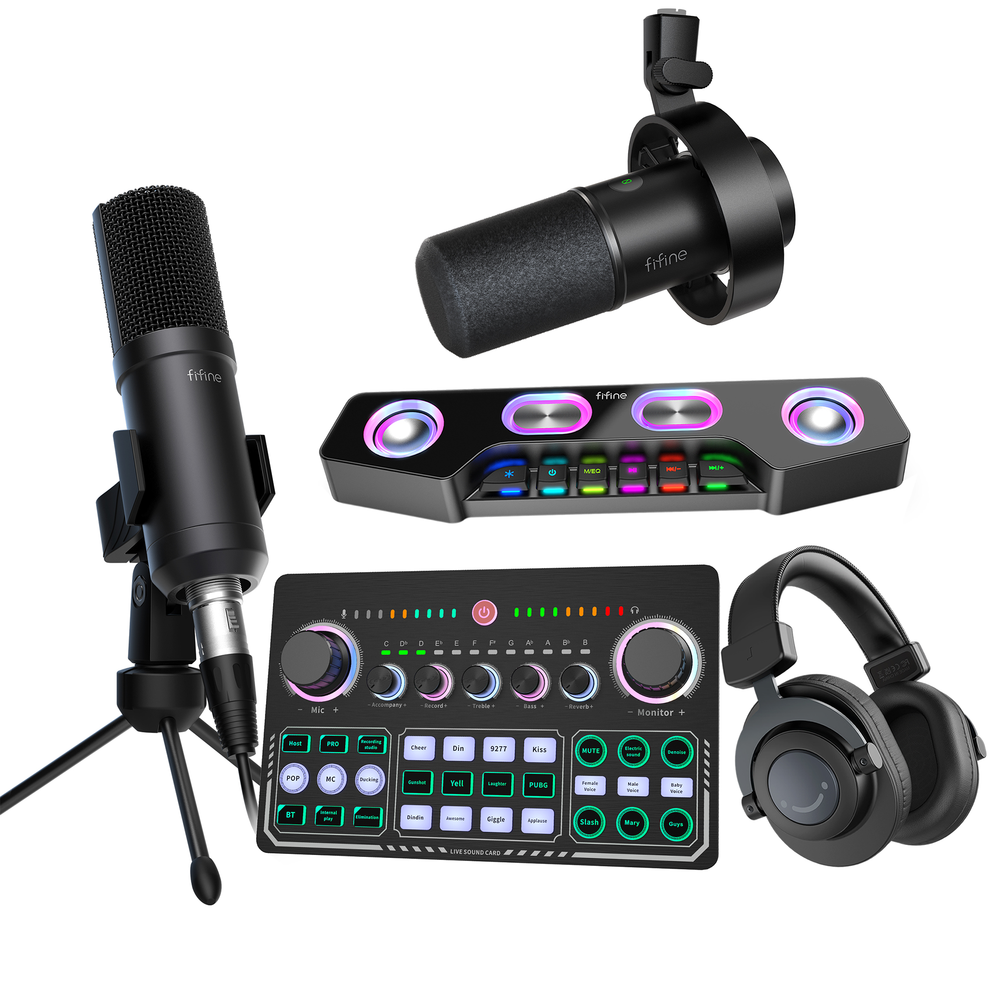 Оборудование для подкастов Fifine, динамический микрофон, Студийный микрофон, звуковая карта, звуковая карта для трансляций, записи, потоковых игр