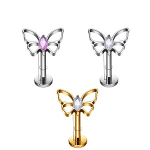 Titanium Lip <b>Stud</b> Butterfly Shape F136 Titanium Alloy Piercing Jewelry For Lip <b>Cartilage</b> <b>Studs</b> With Crystal Inlay - Product Image 5