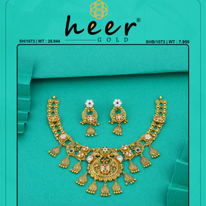 Conjunto de Collar de Oro Tradicional con Pendientes, Joyería Nupcial de Templo, Diseño Antiguo, Estilo Étnico Indio para Bodas - Product Image 2