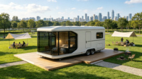 Capsule spatiale mobile préfabriquée en acier, design moderne, remorquable à double essieu, pod de glamping avec grande fenêtre vitrée pour hôtel