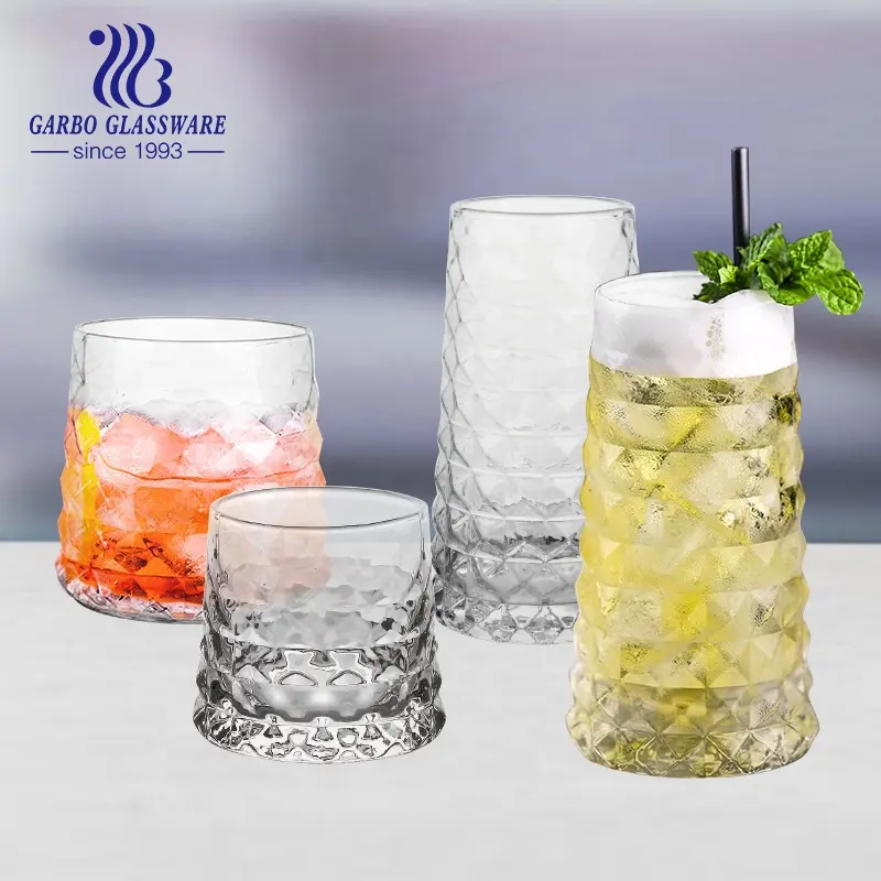 552ml handmade embossed clear premium long drink highball glasses water cup with special pattern water tea drinking glass cup