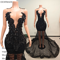 Robe de soirée sirène Ocstrade de luxe, noire, en maille de cristal, cousue main, avec décolleté plongeant, traîne à sequins, moulante, pour concours de beauté, scène ou bal de promo, pour femme