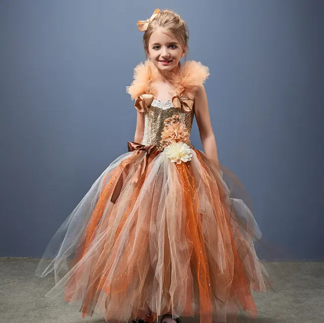 Vestido florido da menina do outono, vestido de rede da menina vestido de festa de ação de graças princesa vestido fofo