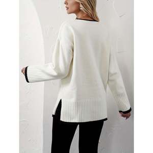 Suéter Blanco con Ribete en Contraste y Abertura Lateral, Top de Punto de Manga Larga para Mujer - Product Image 4