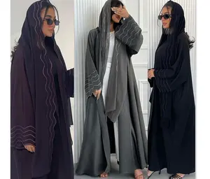 卸売Eid Abyaイスラム教徒の女性長袖モロッコアラブパーティードレスロングローブドバイアバヤ2024控えめなカフタンスカーフヒジャーブドレス