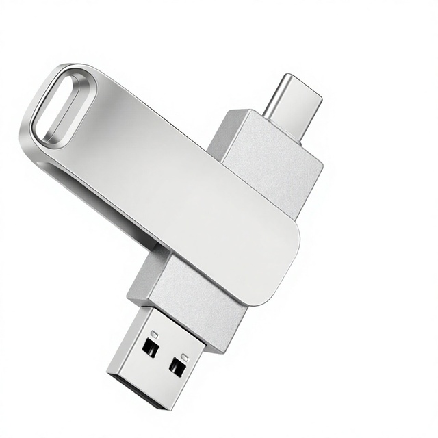Dual Interface USB Flash Drive Type C USB a Rotatable Cover Metal Matte Silver Oval Keychain Loop Custom Logo OEM Gift