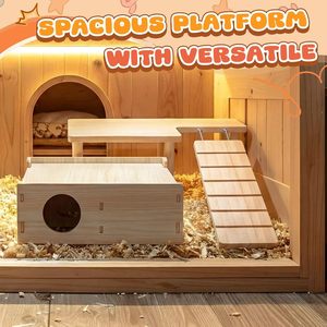 Plateforme en bois naturel pour hamster et cachette multi-chambres, tunnel <span class=keywords><strong>labyrinthe</strong></span> à couvercle rabattable, accessoires de cage, décor de habitat pour petits animaux - Product Image 5