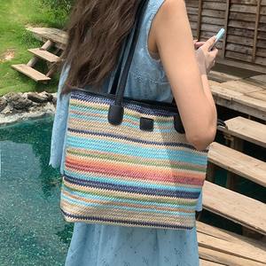 Summer Colorful Woven Tote Bag Large Capacity <b>Rainbow</b> Striped Straw Shoulder Bag For Beach Vacation Everyday Use - Product Image 1