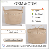 Panier à linge en corde de coton beige avec garniture perlée, double poignée, grande capacité pour l'organisation de la maison, décoration de salon, commande en gros