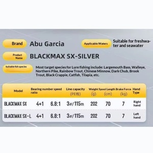 Carrete de Pesca Abu Garcia BLACKMAX <span class=keywords><strong>SX</strong></span>, 4+1BB, Relación de Engranajes 6.8:1, Freno de 7 kg, 202 g, para Agua Dulce y Salada, Pesca de Lubina, Lucioperca y Lucio, OEM - Product Image 2