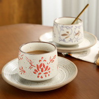 Ensemble tasse et soucoupe à café en céramique japonaise 200 ml, motif floral peint à la main (Pivoine, Fleur de cerisier, Glycine), 7,3 cm, compatible micro-ondes