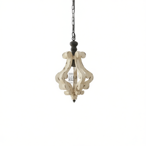 Lustre en bois style ferme, blanc vieilli, suspension de style campagnard français pour salon, forme cloche, ampoule E26 non incluse - Product Image 1