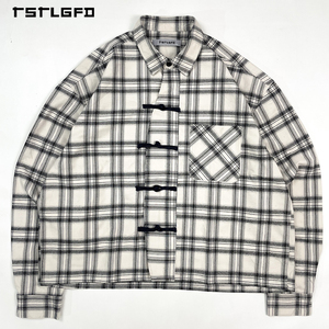 Chemise surchemise écologique à carreaux style Tang pour homme, personnalisée, avec fermeture boutonnée dissimulée, en tissu mélangé de coton, manches longues, poids moyen, Kung Fu - Product Image 1