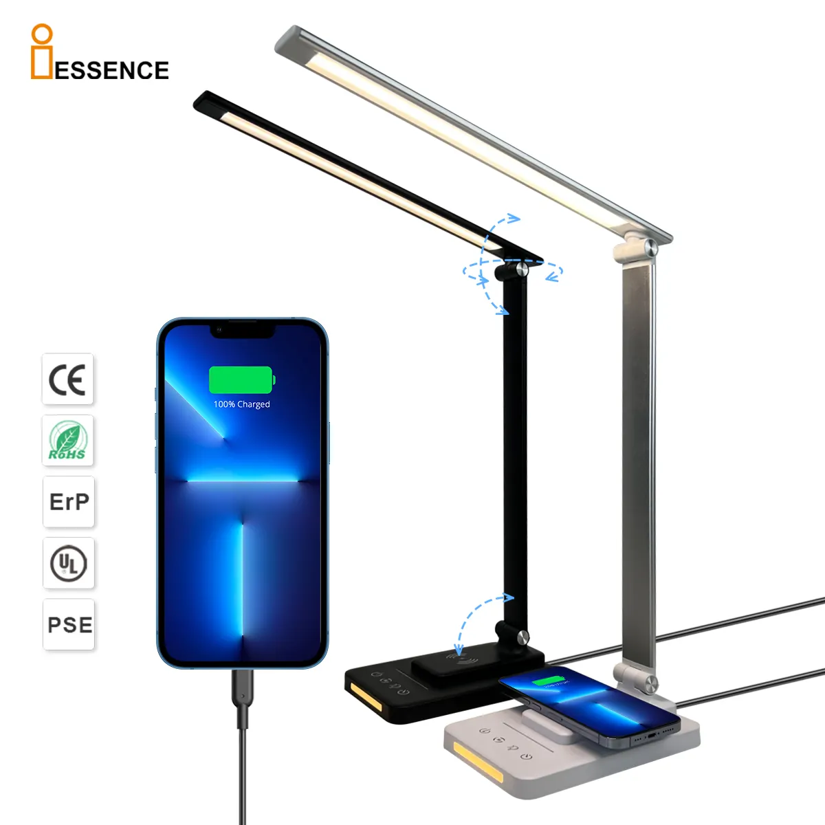 Aluminium Foldable touch Study Light Student For Office Qi Charging multifunctional Led Table Desk Lamps with Wireless Charger