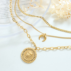 Collier en acier titane personnalisé avec pendentif tête de Lion, pièce de lune, ras du cou, chaîne en or à 3 couches, <span class=keywords><strong>2022</strong></span> - Product Image 3