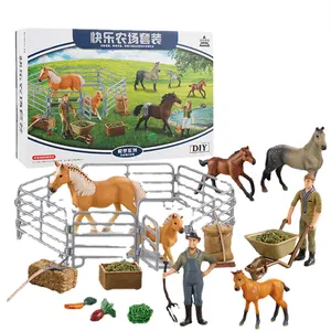 New family happy horse farm set simulation animal model breeding fence stable human craft decoration