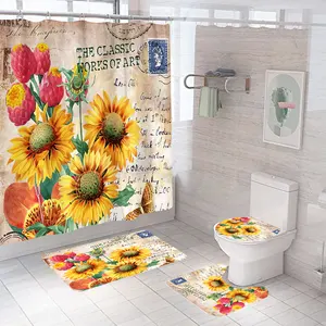 Professional Custom Digital Printing Sunflowers Pattern Waterproof Shower Bath Curtains Sets For Bathroom