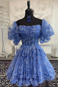 2025 Summer Custom Detachable Sleeves Off the Shoulder <strong>Blue</strong> Printed Women Ruffle Homecoming <strong>Dress</strong> - Product Image 2