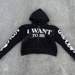 Ensemble de pantalons de survêtement à fermeture éclair brodés personnalisés en détresse Survêtement décontracté du fabricant pour hommes Sweat à capuche délavé à l'acide avec strass et soleil - Product Image 2