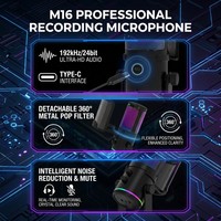 Microphone à condensateur de studio M16-35 192kHz, 14mm cardioïde, USB, avec contrôle du rapport de mixage pour YouTube, podcast, audio professionnel