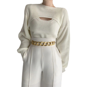 Maglione da <span class=keywords><strong>donna</strong></span> lavorato a maglia, stile coreano personalizzato, sexy, scollato, girocollo, casual da strada, traforato, a righe, con collo all'americana, spesso - Product Image 1
