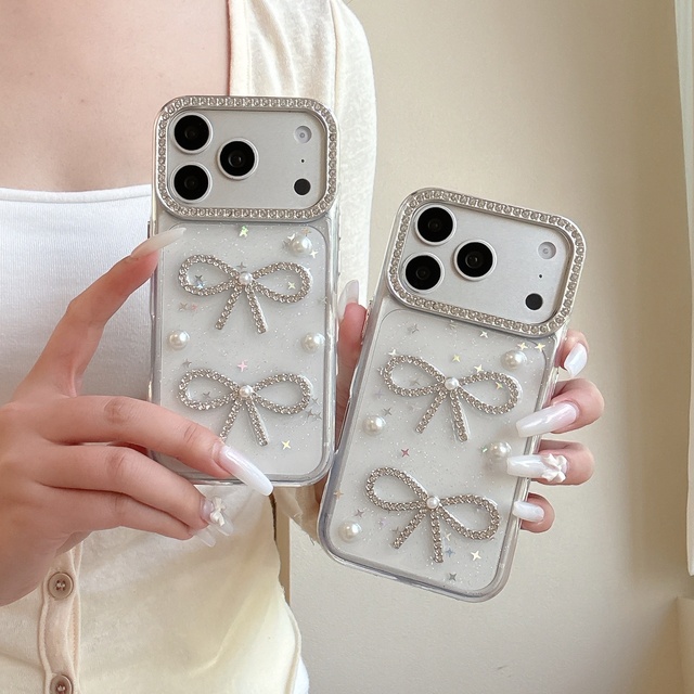 Korean Cute 3D Bowknot Glitter Diamond Bow Phone Case for iPhone 17 Pro 16 15 14 13 12 Pro Max Cover Shockproof Protective Cases