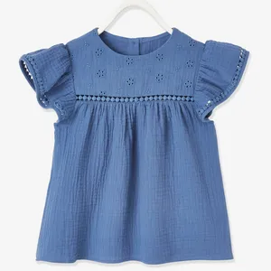 Embroidered Yoke On The Front Cotton Girls Gathers Below Seam Kids Wholesale High Quality Summer Customs Children Tops