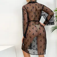 Robe de nuit transparente en maille respirante à manches longues pour femme avec nœud imprimé – Vente en gros
