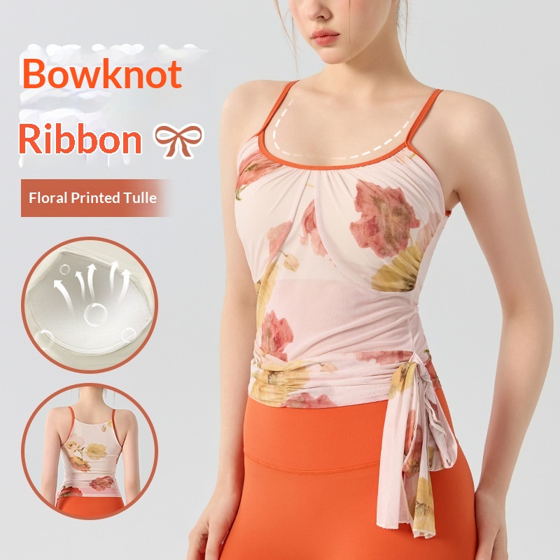 Sexy Slim-fit Breathable Yoga Vest Women's Spandex/Nylon Elegant Fitness Yoga Clothes Outerwear Strappy Printed Sports T-shirt