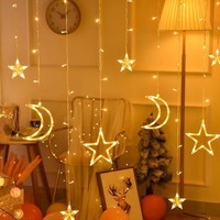 Guirnalda de Luces LED con Forma de Luna y Estrellas, Color Blanco Cálido, Personalizable, IP44 Impermeable, Decoración Navideña, Control Remoto, Funciona con Pilas