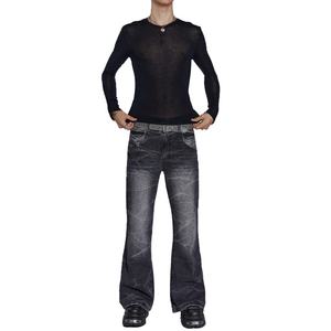 Vaqueros negros de moda para hombre, corte slim, acampanados, desgastados y con pliegues pronunciados - Product Image 2