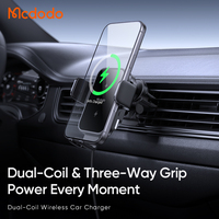 Chargeur de voiture sans fil Mcdodo 543 à double bobine avec fixation automatique, charge rapide 15W, prise automatique 3 voies compatible avec les téléphones pliables