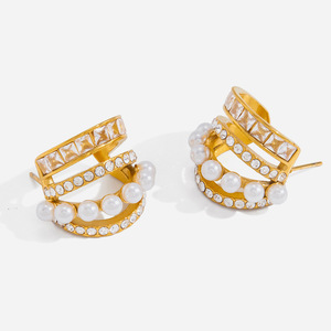 <b>Cuff</b> <b>Earrings</b> Stainless Steel Rhinestone Faux Pearl C-Shaped Geometric Party Jewelry - Product Image 1