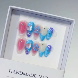 Fleurs en relief 3D rose <span class=keywords><strong>pastel</strong></span> et lilas violettes peintes à la main avec des pois, ongles faits main de style français - Product Image 2