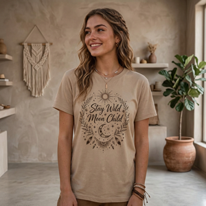 T-shirt tricoté d'été à manches courtes et col rond pour femme, couleur beige, style sportif, avec motif Stay Wild Moon Child - Product Image 1