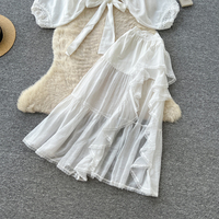 Ensemble jupe deux pièces pour femme, printemps-automne, avec dentelle, col en V, taille nouée, manches bouffantes et volants asymétriques, idéal pour le bureau