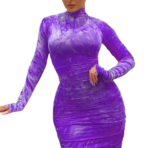 Gaun Bodycon Motif Dasi Celup Desain Kustom Mode Model Baru Gaun Malam Lengan Panjang Leher Tinggi Gaun Pesta Klub Ramping