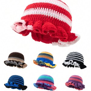 Phụ Nữ Hợp Thời Trang Sọc Mùa Đông Thời Trang Handmade Thiết Kế Dệt Kim Crochet Ruffle Xô Mũ Cho Phụ Nữ - Product Image 4