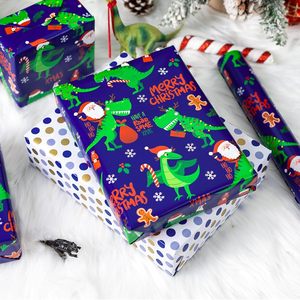 Blue Christmas <b>Wrapping</b> <b>Paper</b> Dinosaur Santa Pattern 17 Inch X 33 Feet Roll For Kids Gift Craft Recyclable - Product Image 4