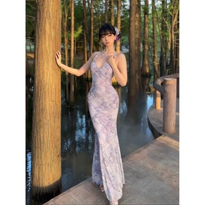 V Neck Backless <b>Purple</b> Bodycon Fishtail <b>Cocktail</b> <b>Dress</b> Solid Color Polyester Long <b>Dress</b> Natural Waistline - Product Image 2