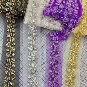 Ricamo a macchina di alta qualità con perline in <span class=keywords><strong>Tulle</strong></span> rifilatura in <span class=keywords><strong>oro</strong></span> perline e paillettes con fiori di pizzo per abiti - Product Image 4