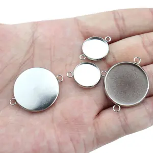 Stainless steel round base for cabochon, inner size 6-25mm, with 2 pendant ring for necklace bracelet earrings