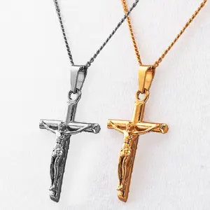 Grosir kalung pria 22 cross-Kalung Salib Yesus, Kalung Salib Yesus 33Mm Baja Tahan Karat Modis Perhiasan Agama Emas Salib Yesus