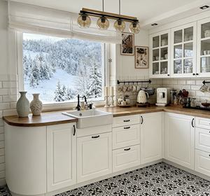BALOM Customized Country-Style White Kitchen <b>Cabinets</b> - Stylish Furniture with Glass-Door Storage & <b>Rustic</b> Wooden Accents - Product Image 1