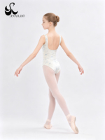 Maillot de Ballet de Terciopelo Floral Blanco y Azul para Niñas Anna Shi, sin Mangas, para Gimnasia, Danza y Clases de Baile